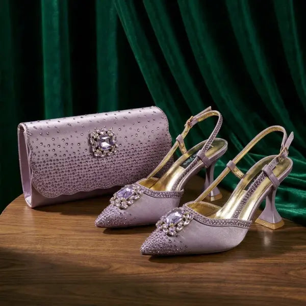 Rhinestone slingback evening clutch pumps brown satin wedding shoes - Lilac / 40 / China Mainland