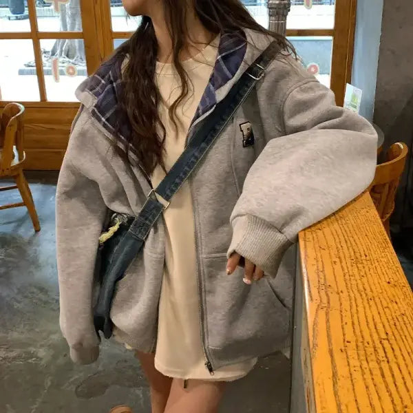 Brown Zip-Up Oversized Hoodie for Women – Autumn Lattice Stitching Long-Sleeve Jacket - gray / L