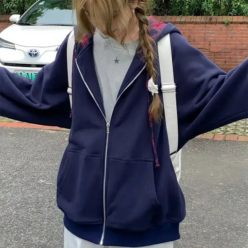 Brown Zip Up Hoodie Women 2023 Autumn Lattice stitching Long Sleeve Casual Oversized Sweatshirt Solid Jacket Women