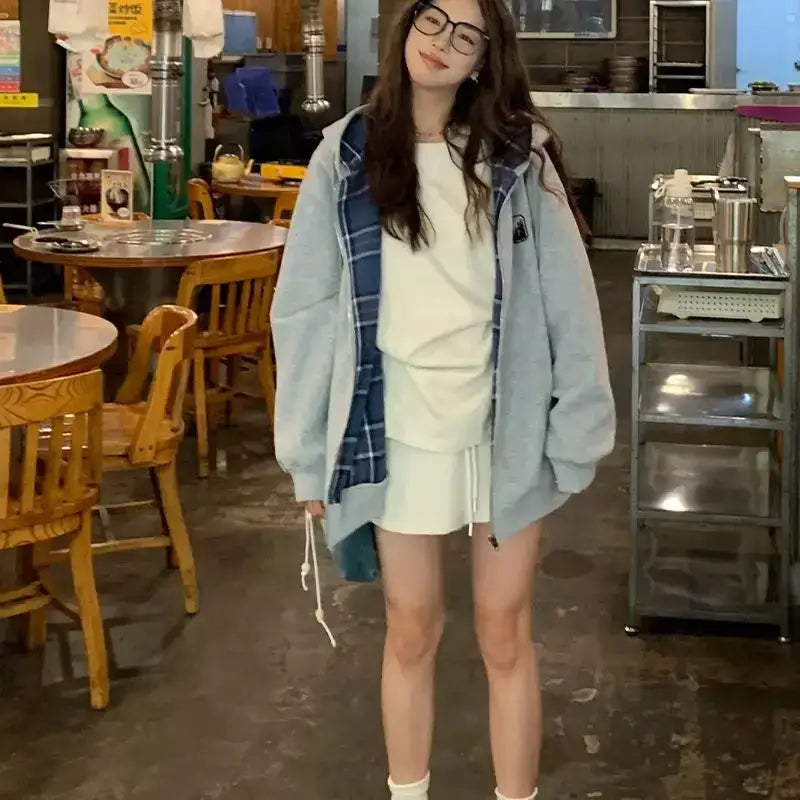 Brown Zip Up Hoodie Women 2023 Autumn Lattice stitching Long Sleeve Casual Oversized Sweatshirt Solid Jacket Women