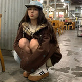 Brown Zip Up Hoodie Women 2023 Autumn Lattice stitching Long Sleeve Casual Oversized Sweatshirt Solid Jacket Women