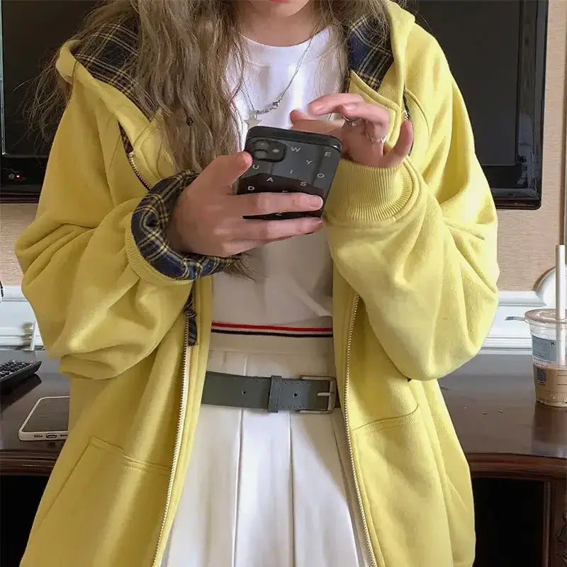 Brown Zip Up Hoodie Women 2023 Autumn Lattice stitching Long Sleeve Casual Oversized Sweatshirt Solid Jacket Women