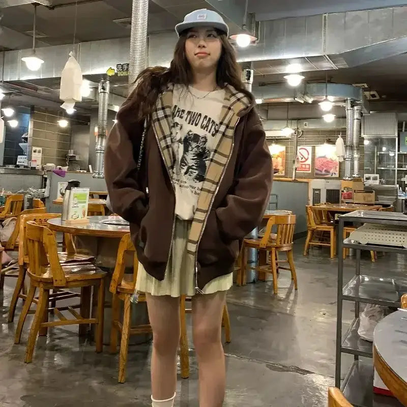 Brown Zip Up Hoodie Women 2023 Autumn Lattice stitching Long Sleeve Casual Oversized Sweatshirt Solid Jacket Women