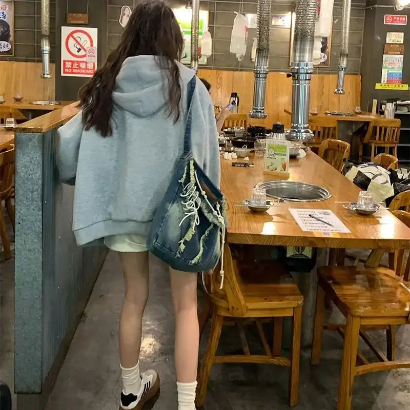 Brown Zip Up Hoodie Women 2023 Autumn Lattice stitching Long Sleeve Casual Oversized Sweatshirt Solid Jacket Women