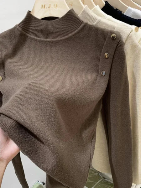 Button Turtleneck Women's Sweater - Soft Knit Autumn Winter Pullover for Women - Himpall