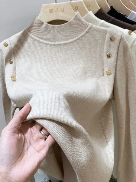 Button Turtleneck Women's Sweater - Soft Knit Autumn Winter Pullover for Women - Himpall