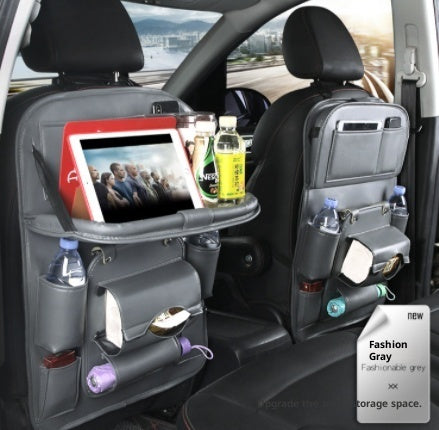 PU Leather Car Storage Hanging Bag with Tissue Box and Tray - Grey