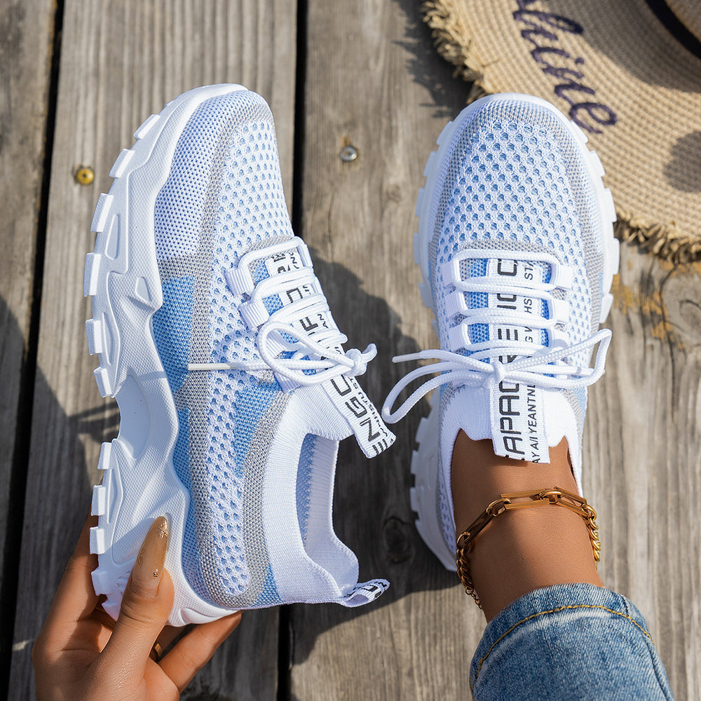 Women’s Breathable Flyknit Low Heel Shoes with Rubber Sole Material - White Blue Gray / 36