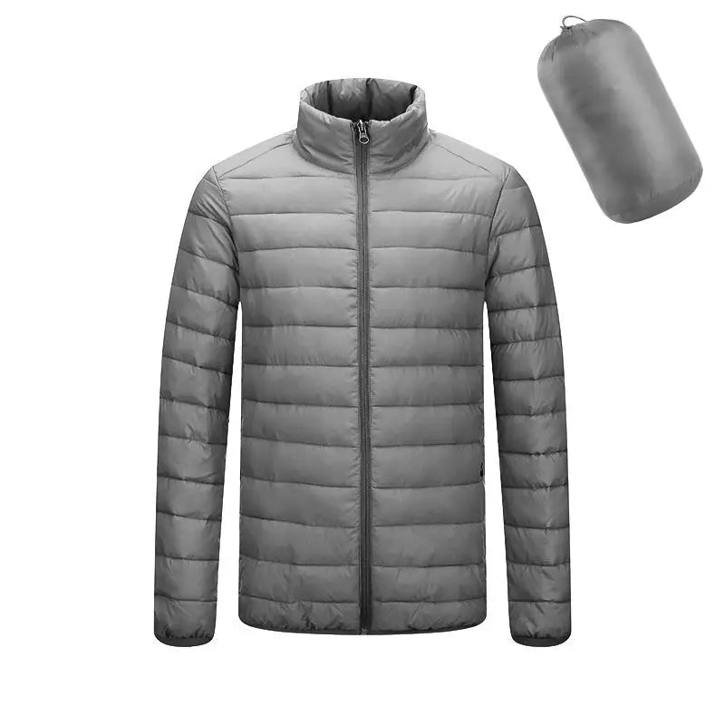 Men’s Lightweight Hooded Winter Coat in Solid Color Zipper Design - Standing collar light gray / 2XL