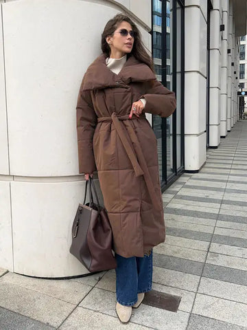 Fashion Large Lapel Long Coat Winter Warm Cotton Jacket for Women - Coffee / L