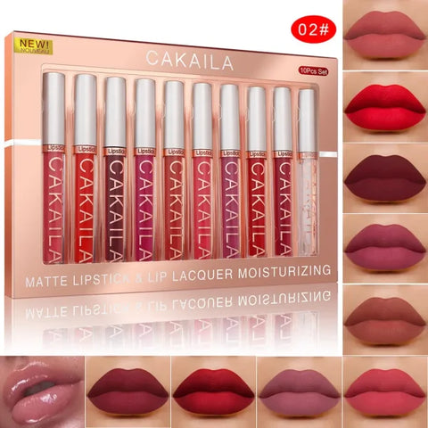CAKAILA 10pcs/set Nude Lip Gloss & Matte Velvet Lipstick – Waterproof Long-Lasting Liquid Lipstick for Women Moist Lip