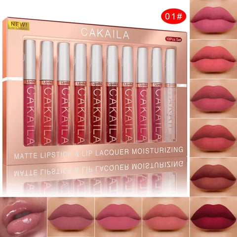 CAKAILA 10pcs/set Nude Lip Gloss & Matte Velvet Lipstick – Waterproof Long-Lasting Liquid Lipstick for Women Moist Lip