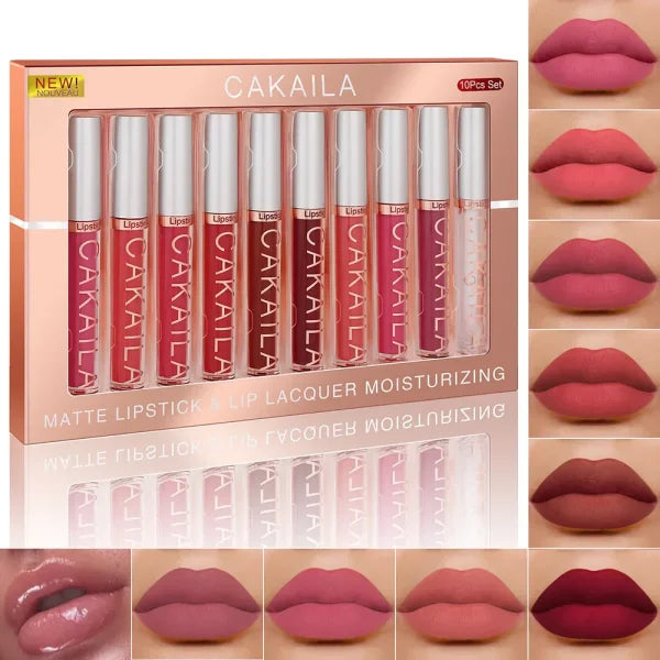 CAKAILA 10pcs/set Nude Lip Gloss & Matte Velvet Lipstick – Waterproof Long-Lasting Liquid Lipstick for Women Moist Lip