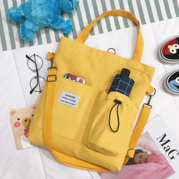 Canvas Square Vertical Women Backpack with Three Shoulder Straps - Yellow