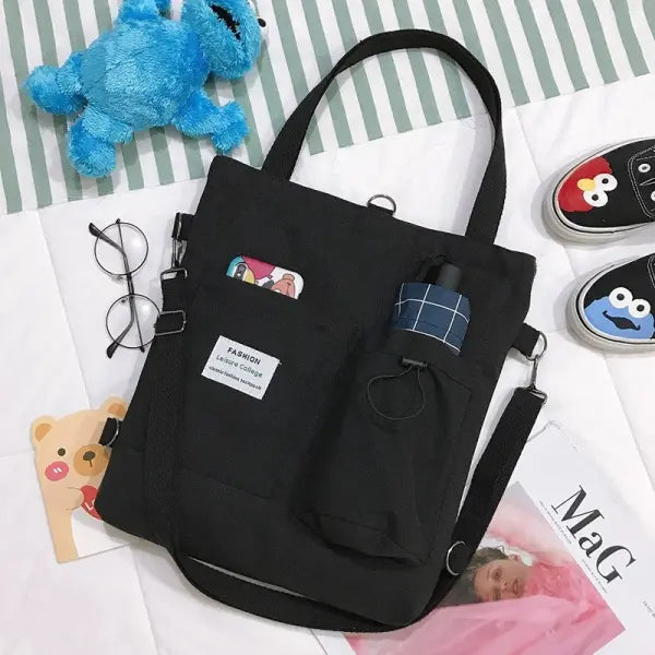Canvas Square Vertical Women Backpack with Three Shoulder Straps - Black