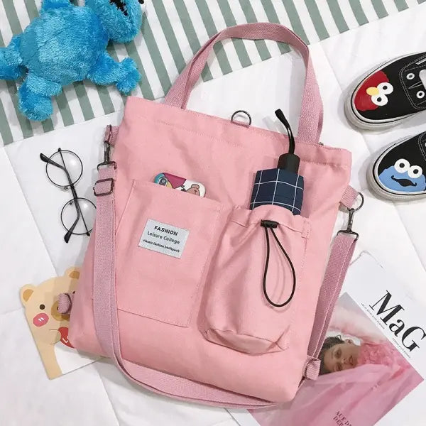 Canvas Square Vertical Women Backpack with Three Shoulder Straps - Pink