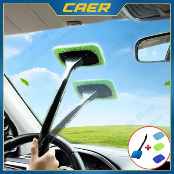 Car Window Cleaner Brush Kit – Microfiber Windshield Wiper with Long Handle & Reusable Cloth Pad - Himpall