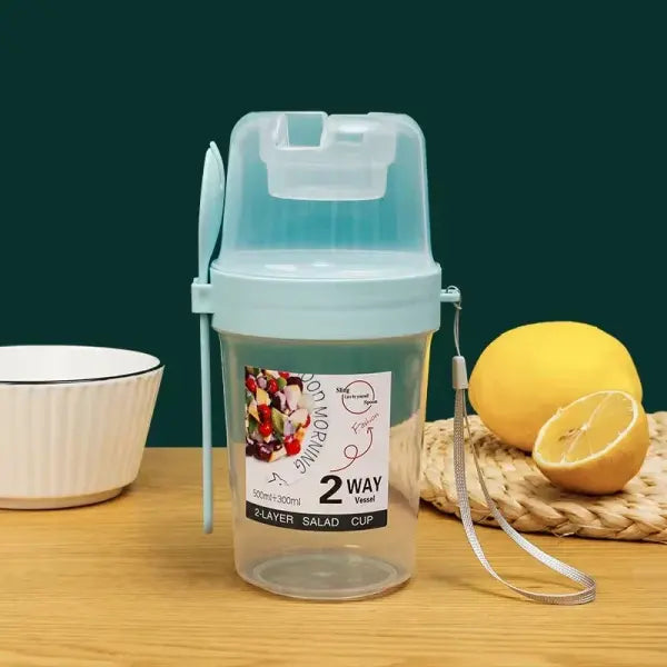 Portable Breakfast Salad Cup with Lid & Fork Yogurt Cereal Parfait Container with Dressing Holder - Blue