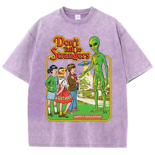Cartoon Alien Print Women’s T-Shirt – Vintage Washed Cotton Short Sleeve