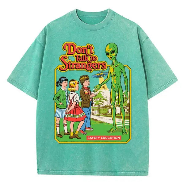 Cartoon Alien Print Women’s T-Shirt – Vintage Washed Cotton Short Sleeve - Green / XXL
