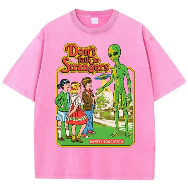 Cartoon Alien Print Women’s T-Shirt – Vintage Washed Cotton Short Sleeve - Rose Red / XXL
