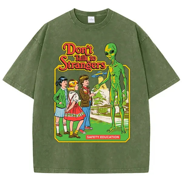 Cartoon Alien Print Women’s T-Shirt – Vintage Washed Cotton Short Sleeve