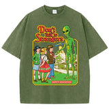 Cartoon Alien Print Women’s T-Shirt – Vintage Washed Cotton Short Sleeve
