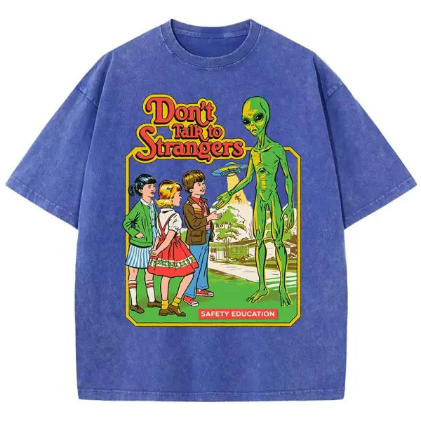 Cartoon Alien Print Women’s T-Shirt – Vintage Washed Cotton Short Sleeve - Blue / XXL