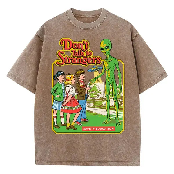 Cartoon Alien Print Women’s T-Shirt – Vintage Washed Cotton Short Sleeve - Brown / XXL