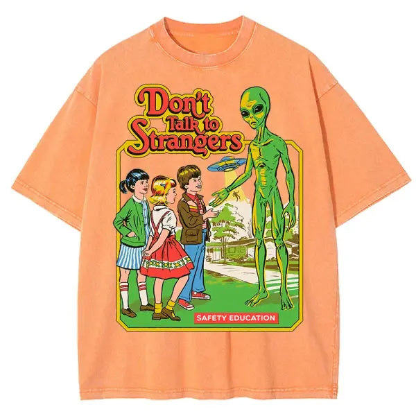 Cartoon Alien Print Women’s T-Shirt – Vintage Washed Cotton Short Sleeve - Orange / S