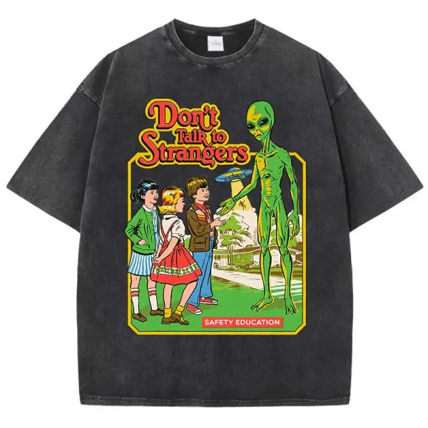 Cartoon Alien Print Women’s T-Shirt – Vintage Washed Cotton Short Sleeve