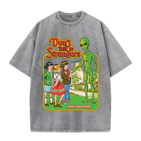 Cartoon Alien Print Women’s T-Shirt – Vintage Washed Cotton Short Sleeve - Gray / XXL