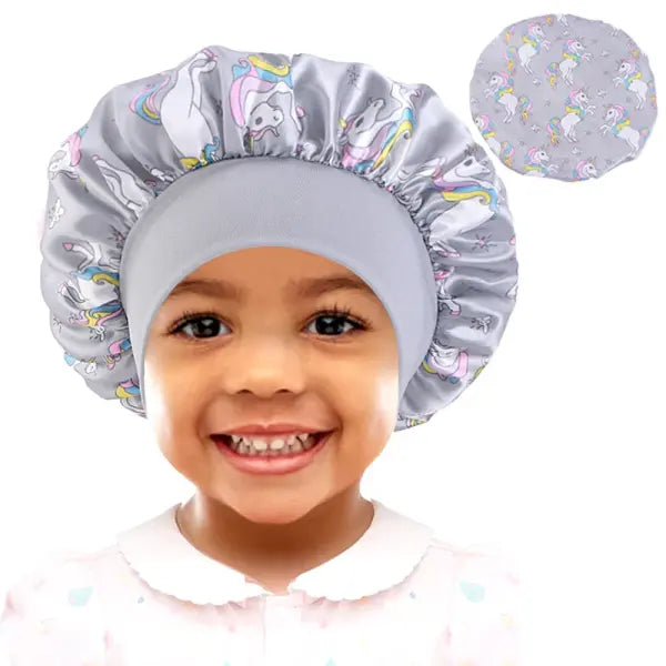 Cartoon Baby Kids Print Satin Bonnet Sleep Hat for Curly Hair - Horse silver / One Size