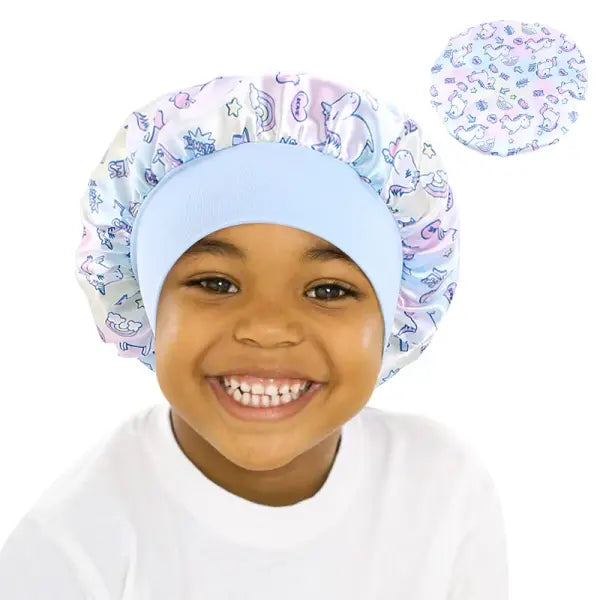 Cartoon Baby Kids Print Satin Bonnet Sleep Hat for Curly Hair - SKY BLUE / One Size