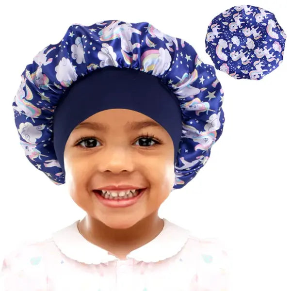 Cartoon Baby Kids Print Satin Bonnet Sleep Hat for Curly Hair - Horse Navy blue / One Size