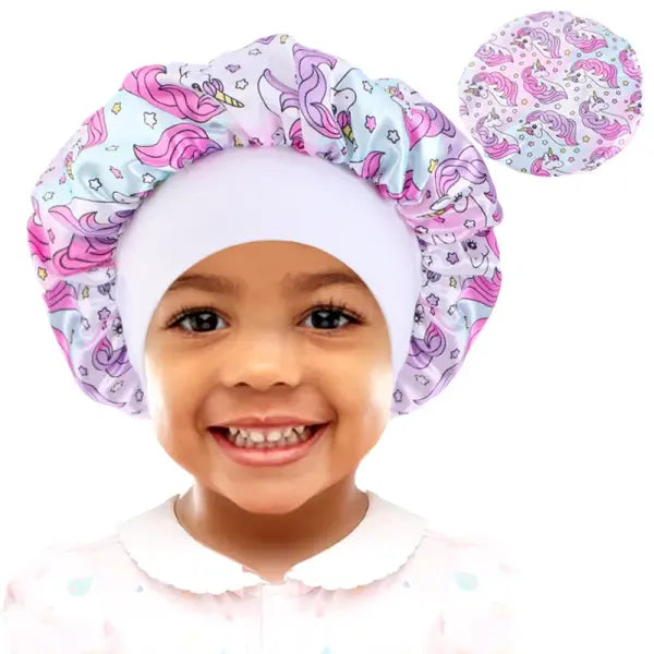 Cartoon Baby Kids Print Satin Bonnet Sleep Hat for Curly Hair - Horse white / One Size