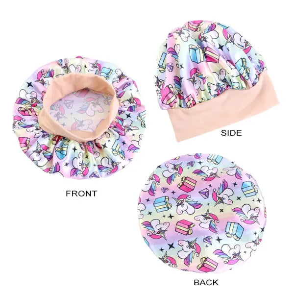 Cartoon Baby Kids Print Satin Bonnet Sleep Hat for Curly Hair