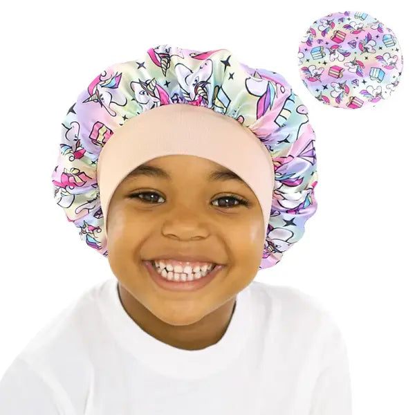Cartoon Baby Kids Print Satin Bonnet Sleep Hat for Curly Hair - Rainbow Khaki / One Size