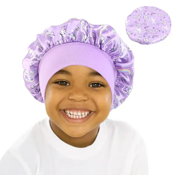 Cartoon Baby Kids Print Satin Bonnet Sleep Hat for Curly Hair - light purple / One Size