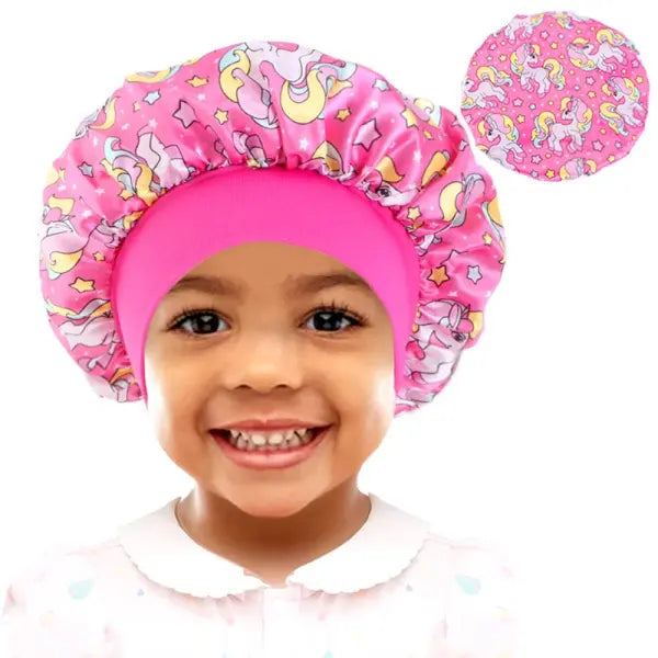 Cartoon Baby Kids Print Satin Bonnet Sleep Hat for Curly Hair - Horse hot pink / One Size