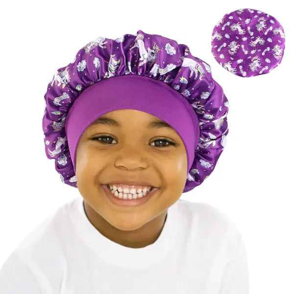 Cartoon Baby Kids Print Satin Bonnet Sleep Hat for Curly Hair - dark purple / One Size