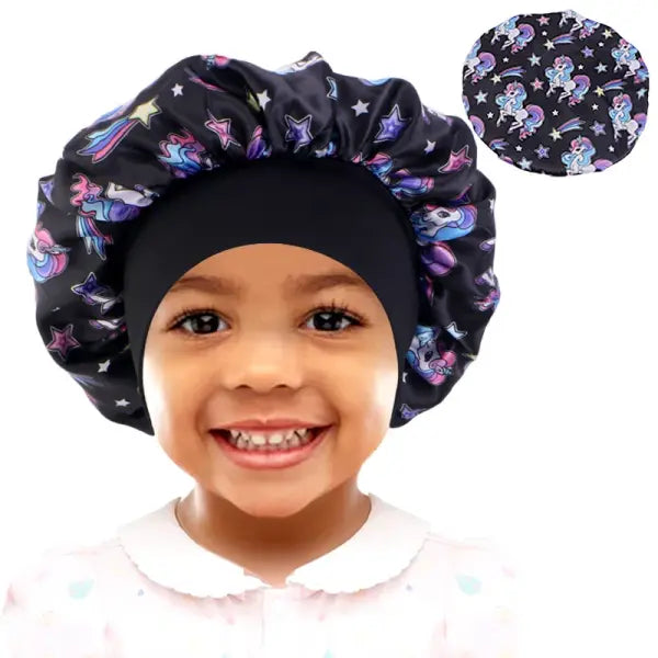 Cartoon Baby Kids Print Satin Bonnet Sleep Hat for Curly Hair - Horse black / One Size