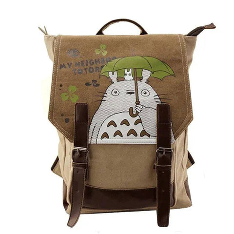 Cartoon Backpack – Natsume Girls Canvas Bag with Anime Print - Khaki