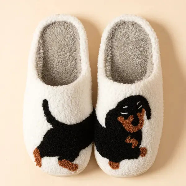 Cute Dachshund Dog Slippers for Women – Warm Lightweight Indoor Winter Cotton Shoes - WHITE / 37-38