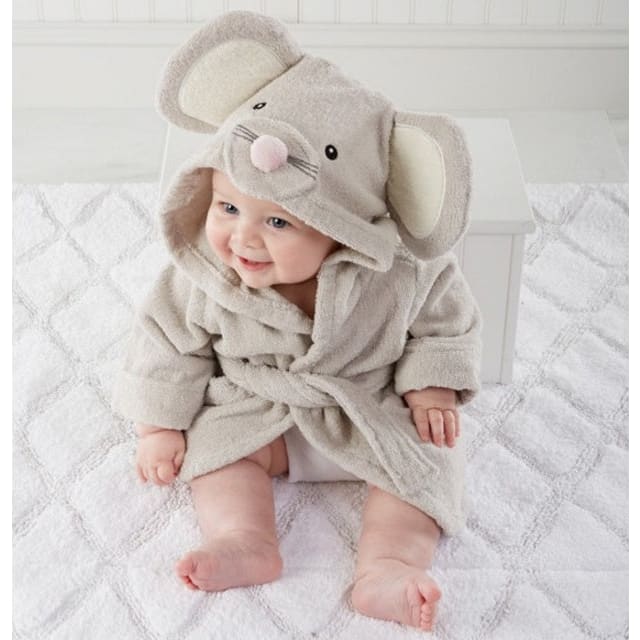 Cartoon Cute Animal Baby Bath Towels & Hooded Cotton Children’s Bathrobes - Gray mouse / M