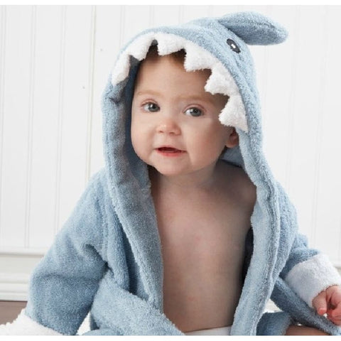 Cartoon Cute Animal Baby Bath Towels & Hooded Cotton Children’s Bathrobes - Blue shark / M