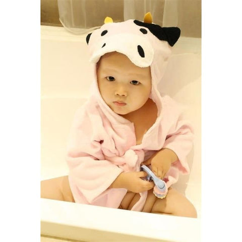 Cartoon Cute Animal Baby Bath Towels & Hooded Cotton Children’s Bathrobes - Pink cow / One size