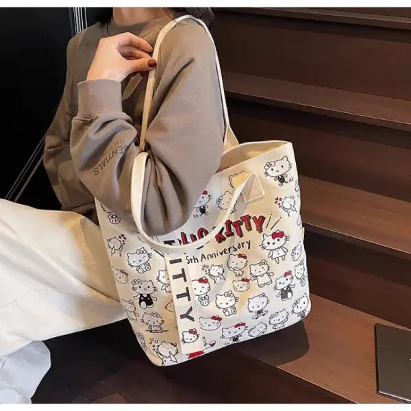 Takara Tomy Hello Kitty Shoulder Canvas Bag Anime Large Capacity Handbag - White