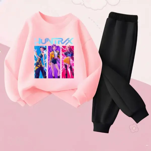 Cartoon Sets Girls Sweatshirt Multicolored Casual Pullover - Pink Black / 140(7-8Y)