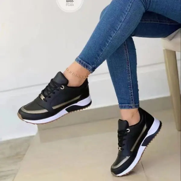 Casual Lace-up Flat Shoes Women Shallow Round Toe Sports Walking Sneakers - Black / Size35 - Hair Remover